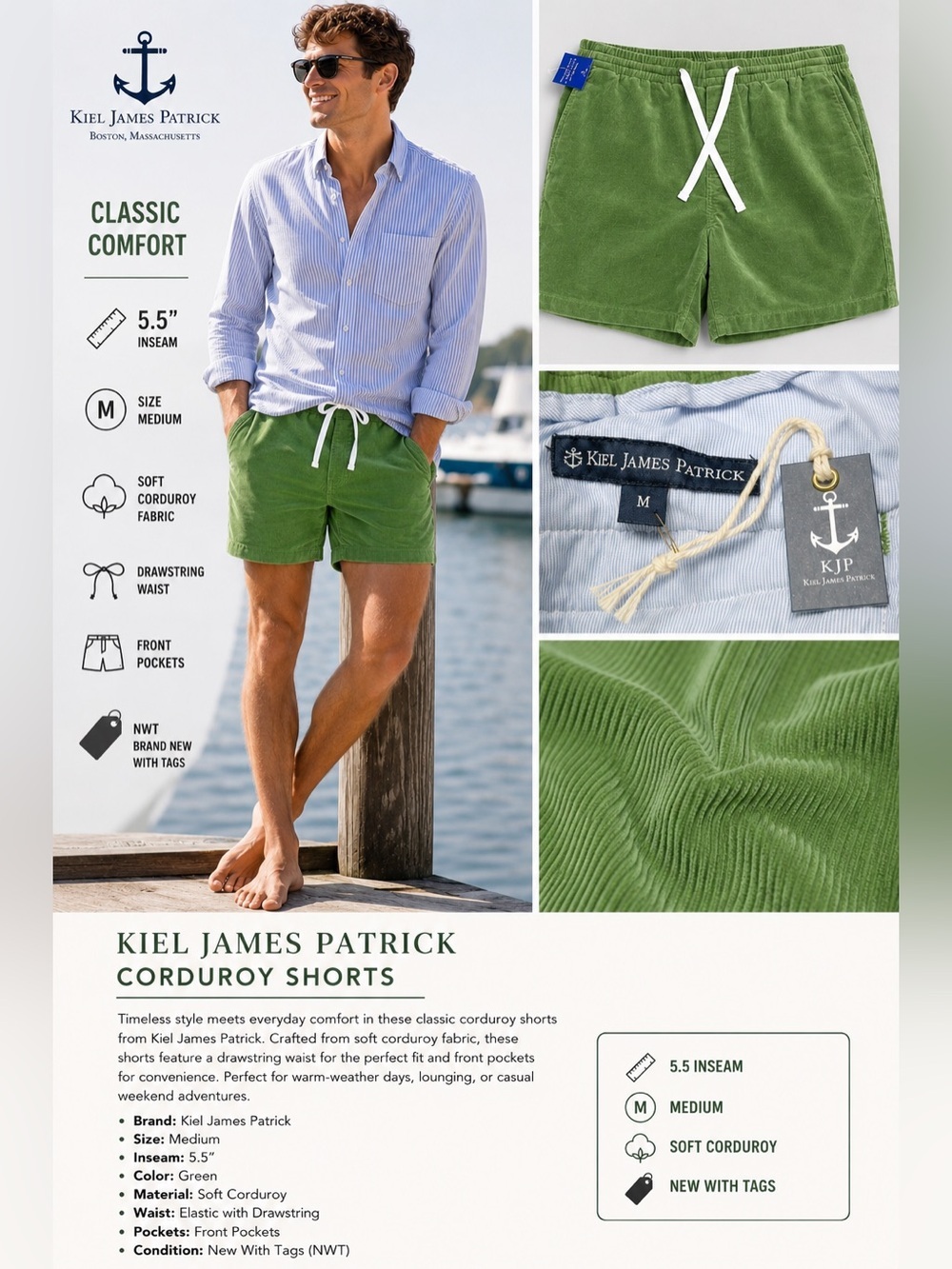 Kiel James Patrick Green Corduroy Drawstring Shorts Men’s Medium 5.5” Inseam NWT